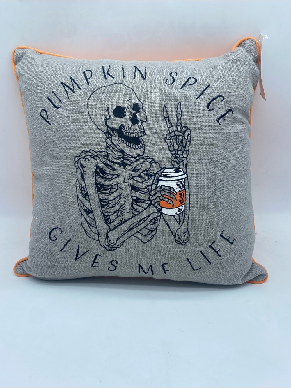 Isaac Mizrahi Pumpkin Spice Skeleton Throw Pillow - Gray with Orange Trim